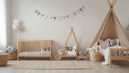 Interior of baby room with wooden cot, teddy bear and garlandの素材