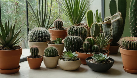 Variety of cactuses in pots on a terrace.の素材