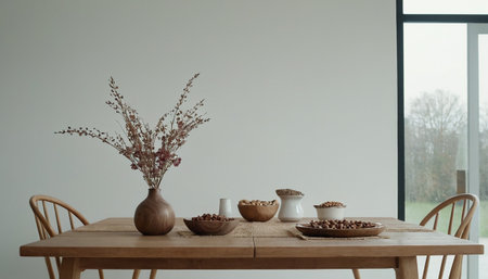Dining room interior with wooden table, wooden chairs and vase with dried flowersの素材