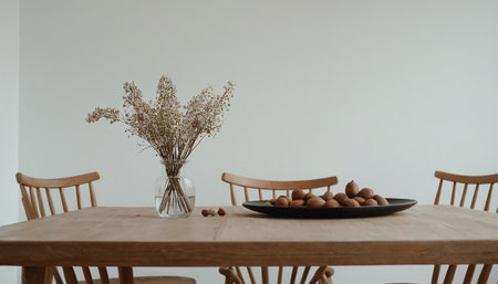 Easter eggs on a wooden table and a vase of dried flowersの素材