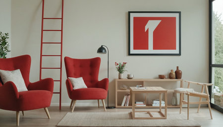 Interior of a modern living room with red armchairs and wooden furnitureの素材