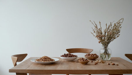 Wooden dining table with nuts in vase on white wall backgroundの素材