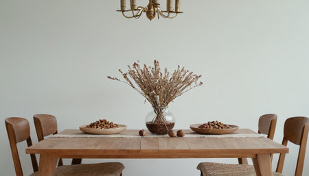 Dining room interior with rustic wooden table and decorative dried flowersの素材