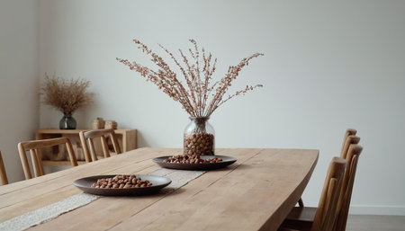 Wooden dining table with coffee beans in a glass vase on the tableの素材