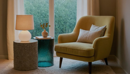 interior of living room with green armchair, coffee table and lampの素材