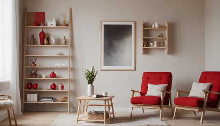 Interior of living room with red armchairs and bookshelfの素材