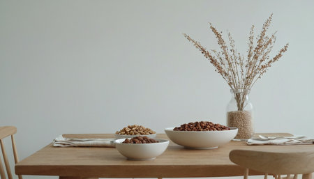 Bowls with coffee beans, nuts and dried flowers on tableの素材