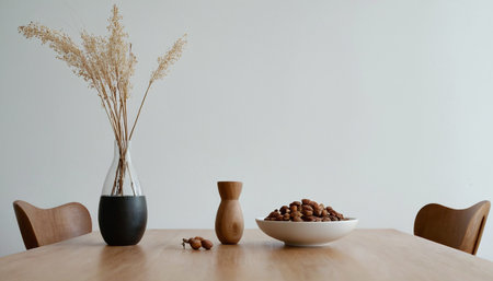 coffee beans on wooden table and plant vase with white wall backgroundの素材