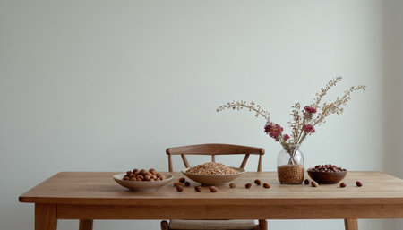 Bowls with nuts and dried flowers on wooden table in roomの素材
