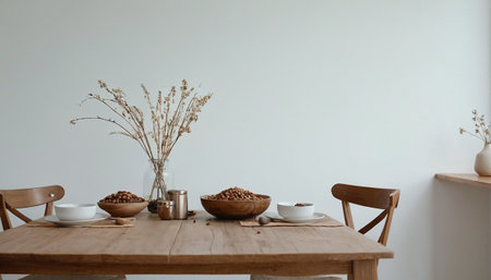 Modern dining room interior with wooden table, chairs and dried flowers in vaseの素材