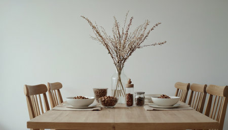 Dining room interior with wooden table and vase with dried flowersの素材