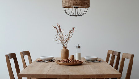 Modern dining room interior with wooden table, chairs and vase with dried flowersの素材
