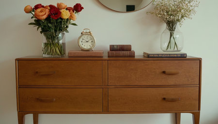 Wooden chest of drawers with vase of flowers and alarm clockの素材
