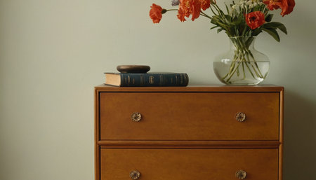 Wooden chest of drawers with books and a vase of flowersの素材