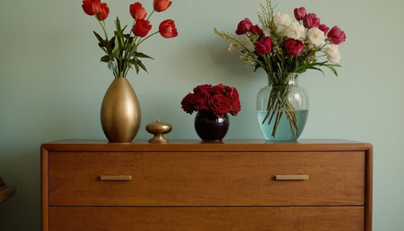 Bouquet of red and white flowers in vase on chest of drawersの素材