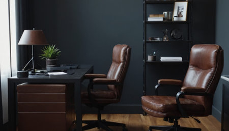 Interior of a modern office with brown leather armchairs and black bookcaseの素材