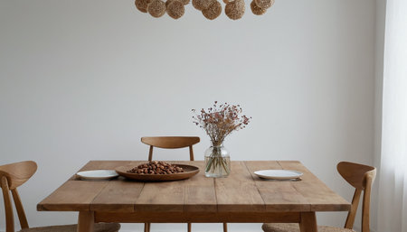 Modern dining room interior with wooden table, wooden chairs and dried flowersの素材
