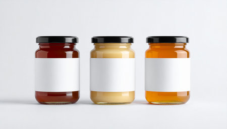 Jars of honey with blank label on white background. 3d illustrationの素材