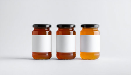 Honey Jar Mock-Up - Three Bottles. Blank Labelの素材
