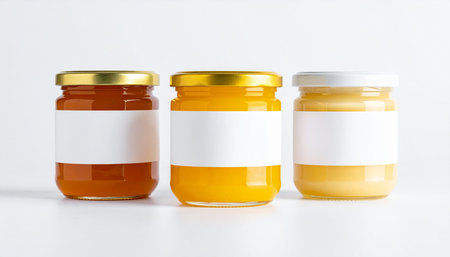 Jars of honey on a white background. Preserved fruits.の素材