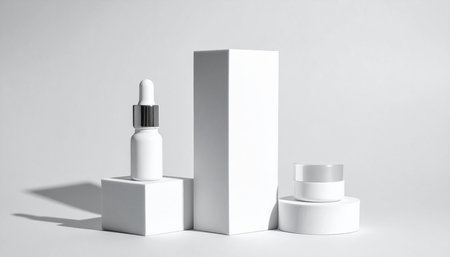 Cosmetic bottle mockup on white podiums. 3d illustrationの素材