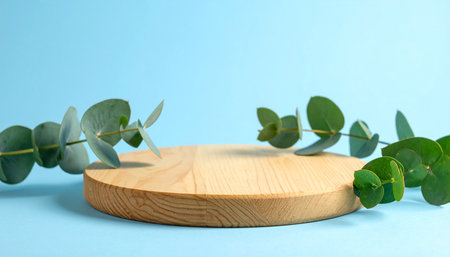 Wooden stand with eucalyptus branches on color backgroundの素材