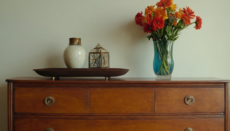 Vase with flowers on the chest of drawers in the roomの素材