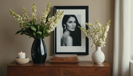 Vase with white lily flowers and photo frame on chest of drawersの素材