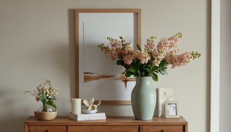 Flowers in vase on chest of drawers in living roomの素材
