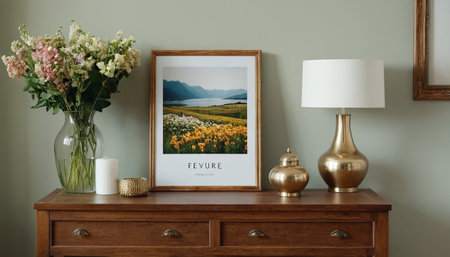 Interior design of a living room with a photo frame on the chest of drawersの素材