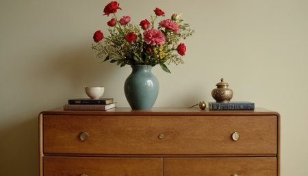 Vase of flowers on a chest of drawers in a roomの素材