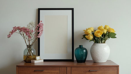 Mock up poster frame on chest of drawers with vase of flowersの素材