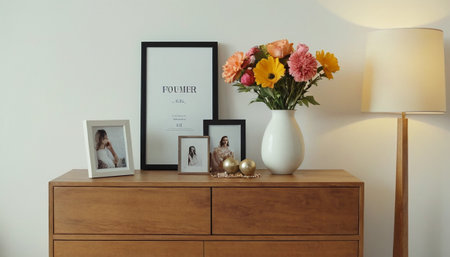 Beautiful flowers in vase on chest of drawers in roomの素材