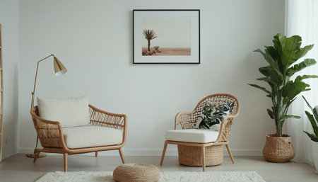 Interior of modern living room with wicker armchair and plantの素材