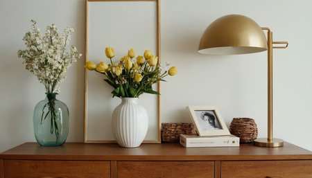 Bouquet of yellow tulips in vase on chest of drawersの素材