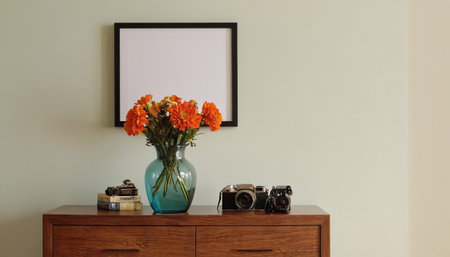 Vase with orange flowers on chest of drawers in home interiorの素材