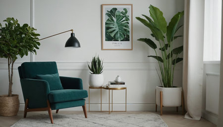 Green armchair in living room interior with plant and lamp. Real photoの素材
