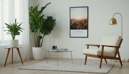 Modern living room interior with armchair, coffee table and poster on wallの素材
