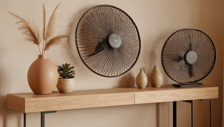 Vase with pampas grass on wooden shelf near beige wallの素材