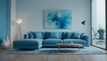 Interior of modern living room with blue sofa 3d render illustrationの素材