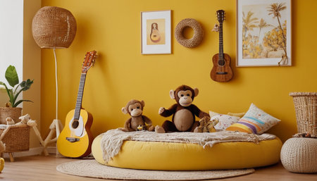 Interior of children room with comfortable sofa, guitar and teddy bearの素材