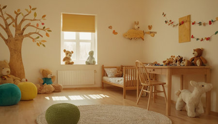 Children's room interior with wooden furniture, toys and a window.の素材