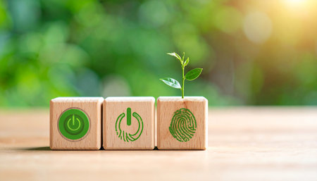 Concept of green technology on wooden cubes with green bokeh backgroundの素材