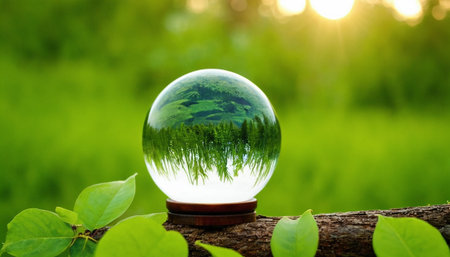Glass globe with green grass on nature background. World environment day concept.の素材