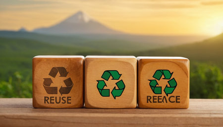 Recycling symbol on wooden cubes over blurred nature background. Eco friendly conceptの素材