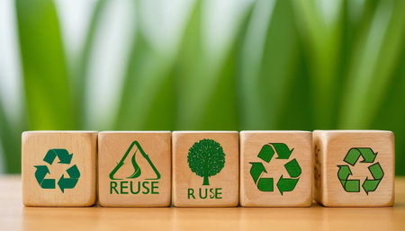 recycle symbol on wooden cubes with green leaves background, environmental conceptの素材