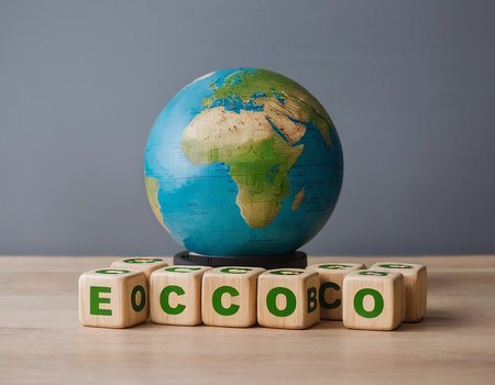 Wooden cubes with the word Ecology and globe on a gray backgroundの素材