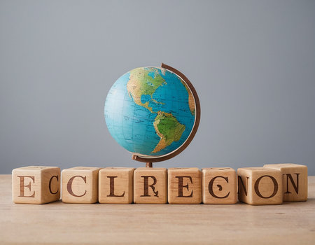 The word E-commerce and globe on wooden cubes over gray backgroundの素材