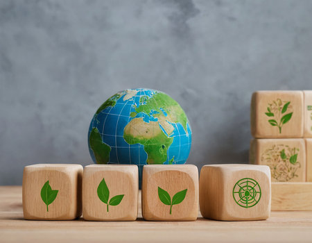 Ecology concept. Wooden cubes with green leaves and globe on wooden backgroundの素材