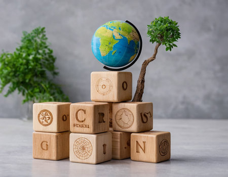 Wooden cubes with the word CHINA and a globe on a gray backgroundの素材